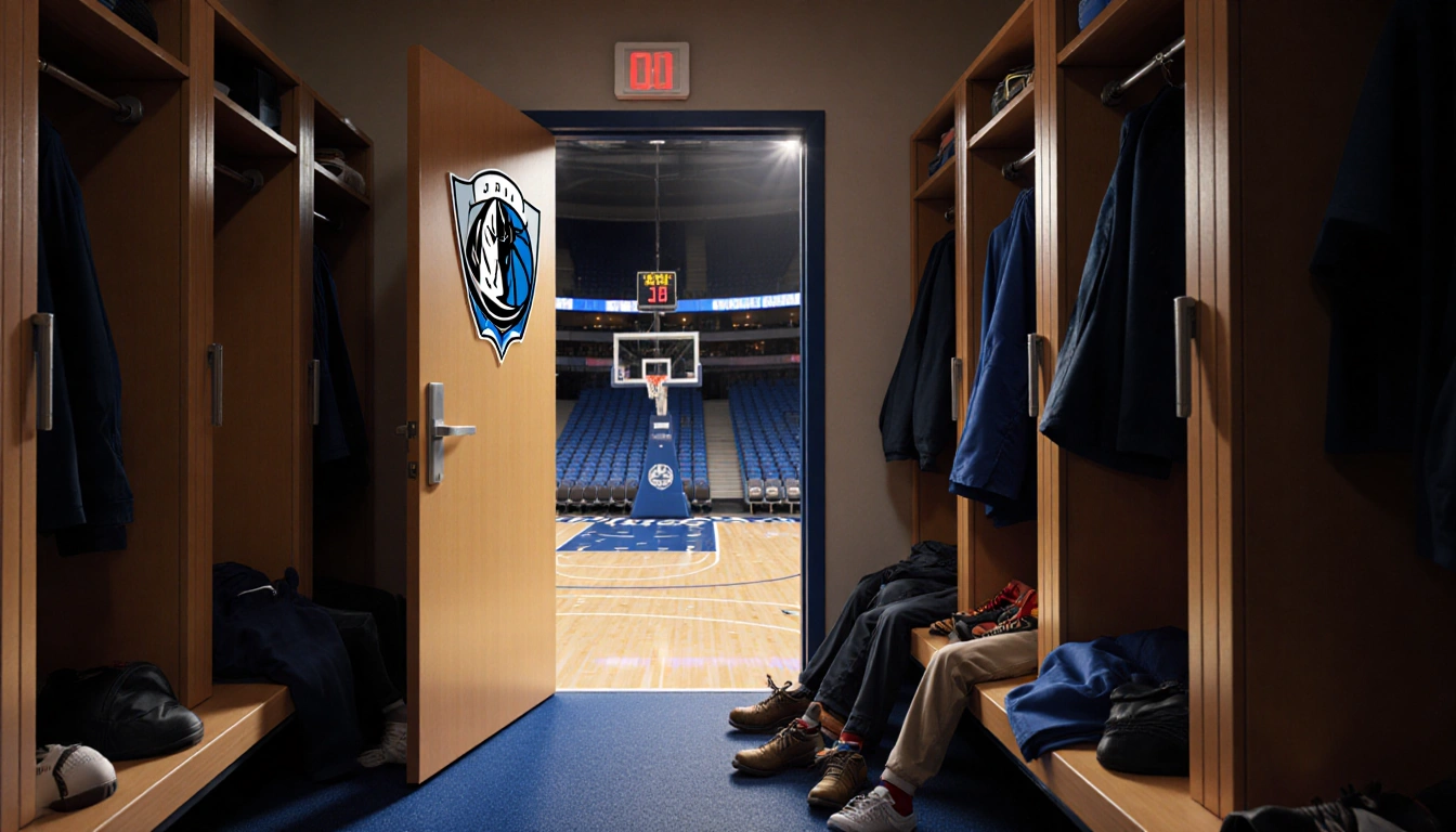 Door ajar in Mavericks locker room with scattered gear and a faint court view hinting at urgent injury.