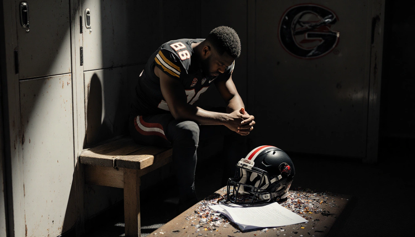 Damon Wilson II sits with hands looking down with a crumpled NIL agreement in front and a Georgia Bulldogs logo behind