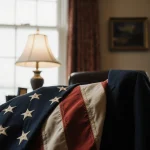 Formal suit jacket draped over old American flag with warm lamp light in a blurred office background