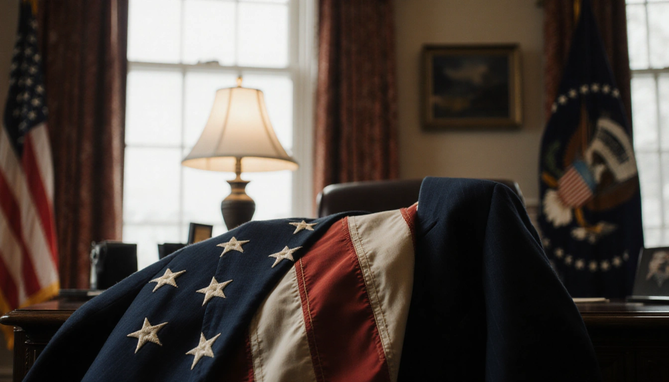 Formal suit jacket draped over old American flag with warm lamp light in a blurred office background