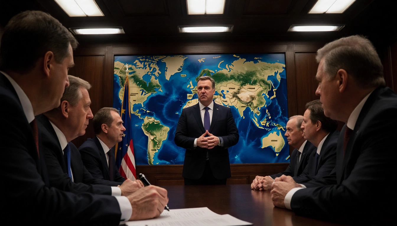 Lars Løkke Rasmussen standing center addressing EU leaders with Europe-Ukraine map behind and flickering lights