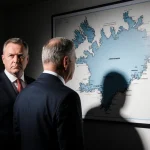 Danish Foreign Minister standing beside Greenland Prime Minister with a Greenland map on the wall in a dimly lit Arctic room