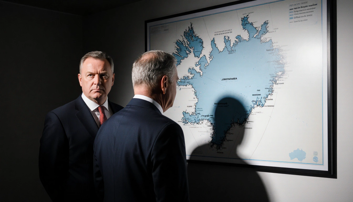 Danish Foreign Minister standing beside Greenland Prime Minister with a Greenland map on the wall in a dimly lit Arctic room