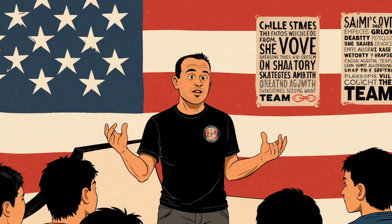 Danny Kass addresses halfpipe skaters with confident gestures and warm colors showing coaching and teamwork.