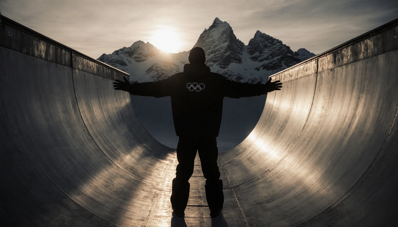 Danny Kass poses at halfpipe base with arms outstretched near snow-capped Italian Alps and sunset glow.