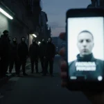 Phone glow displays cryptic message with masked crowd gathering behind in dark city street