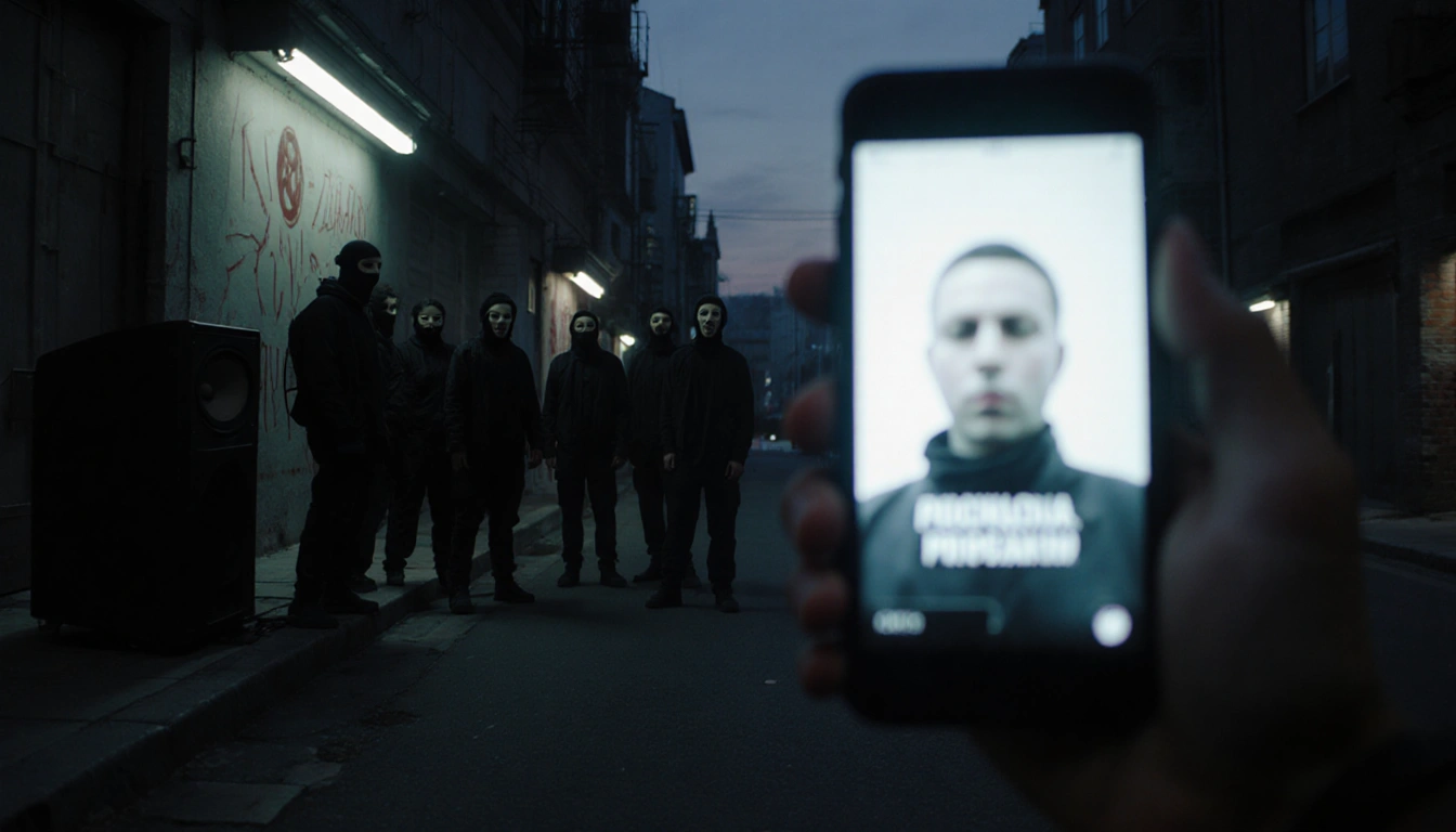 Phone glow displays cryptic message with masked crowd gathering behind in dark city street