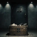 Crate opens revealing faded crest and scattered items with lights a large metal door marked New Hampshire Storage Facility