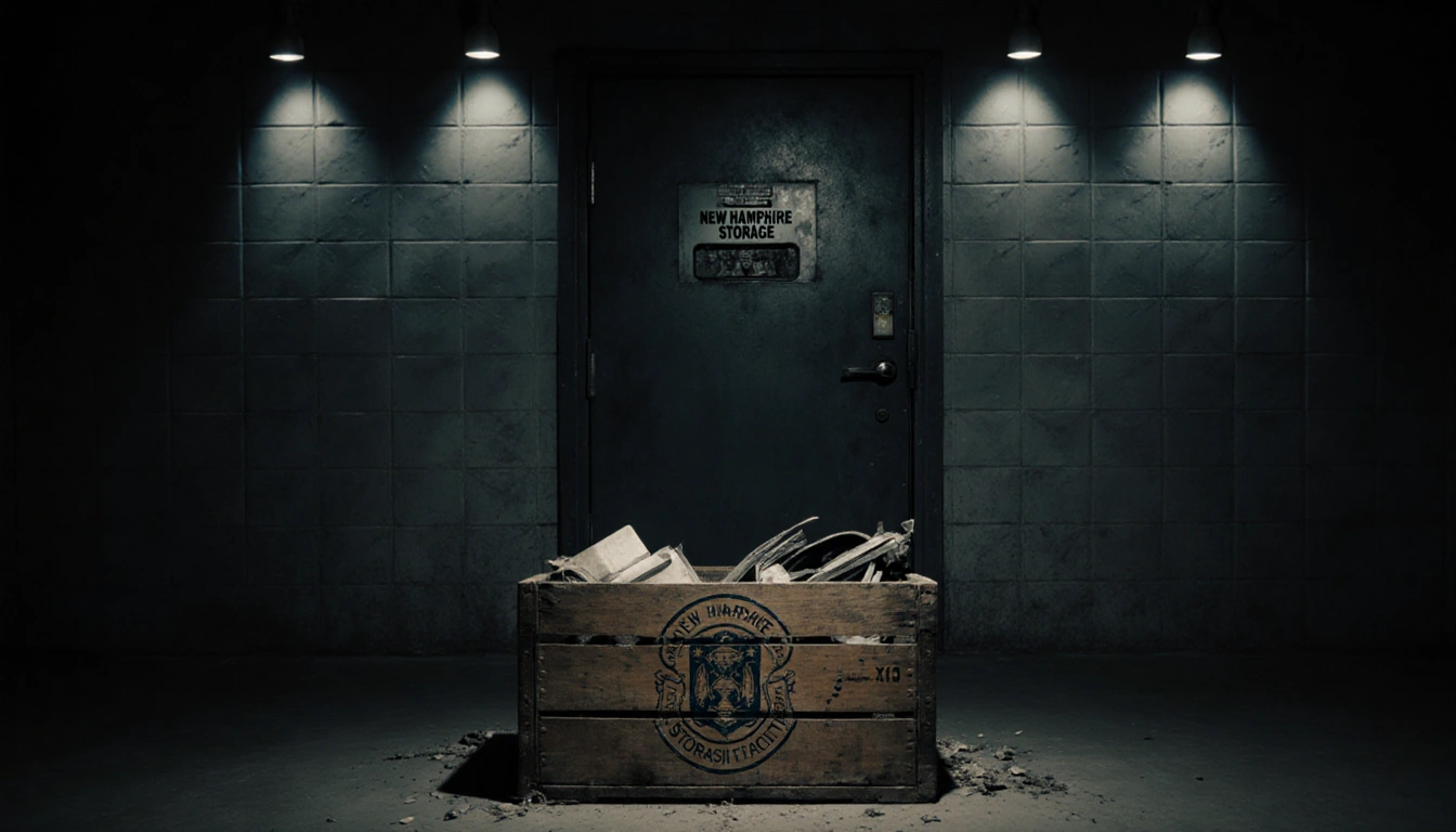 Crate opens revealing faded crest and scattered items with lights a large metal door marked New Hampshire Storage Facility