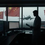 Researcher looking over shoulder with confidential document in dimly lit lab with moving Chinese flags outside