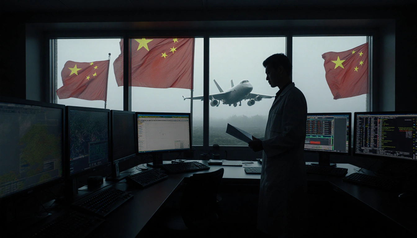 Researcher looking over shoulder with confidential document in dimly lit lab with moving Chinese flags outside