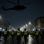Police helicopter hovering over Istanbul streets with rain-soaked cobblestones and SWAT teams crowding handcuffed suspects