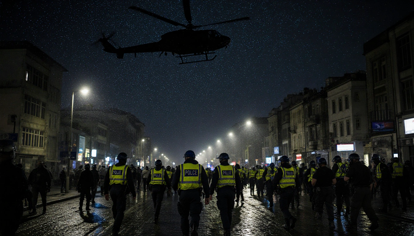 Police helicopter hovering over Istanbul streets with rain-soaked cobblestones and SWAT teams crowding handcuffed suspects