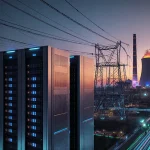 Data center humming with neon-lit servers and solar panels connected to a power plant chimney glowing warmly in cityscape