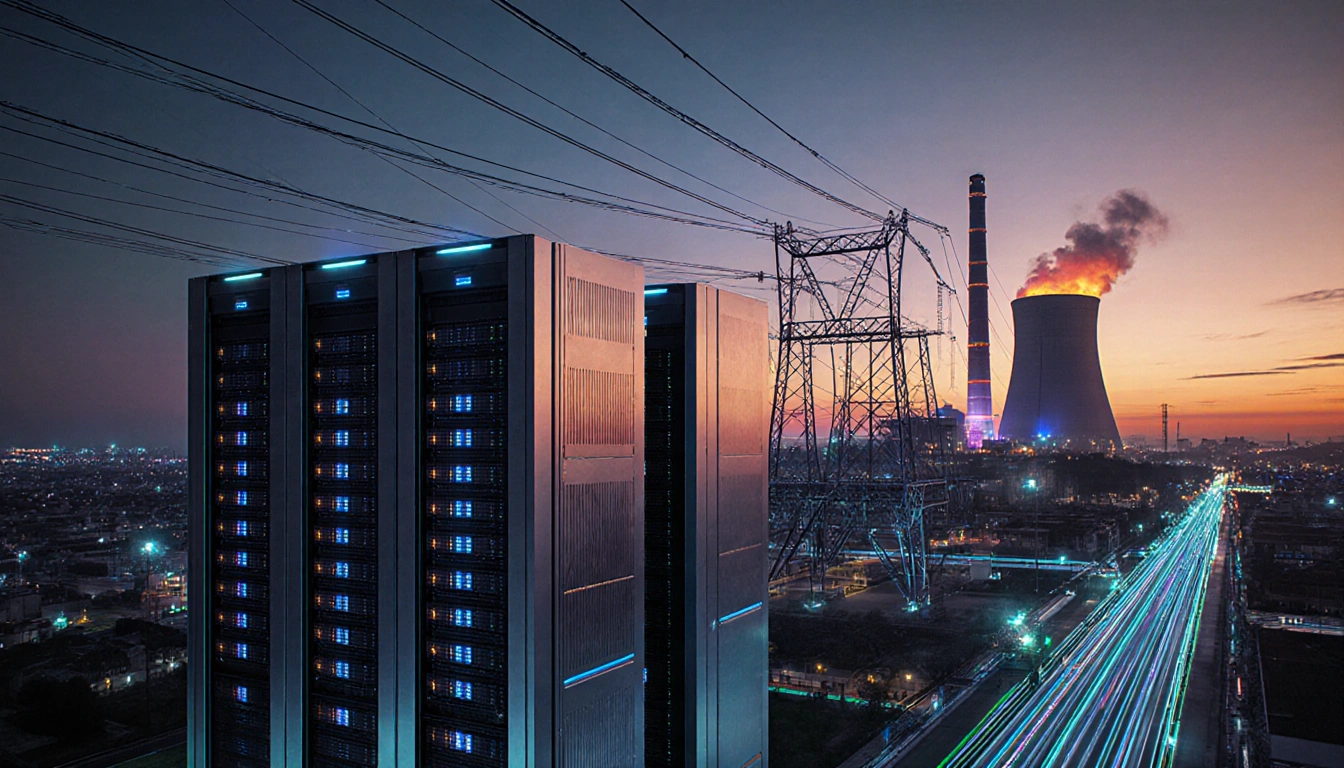 Data center humming with neon-lit servers and solar panels connected to a power plant chimney glowing warmly in cityscape