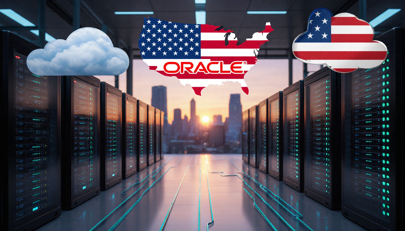 Data center exhibits rows of servers and Oracle logo backed by a sunset cityscape and secure encrypted cables and firewalls