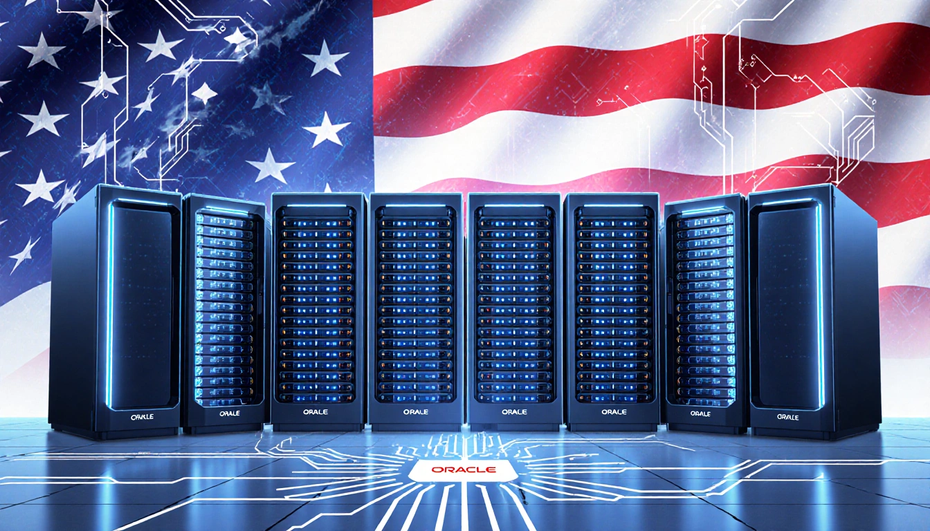 Oracle servers hum in dimly lit data center with subtle American flag pattern and geometric circuitry motifs