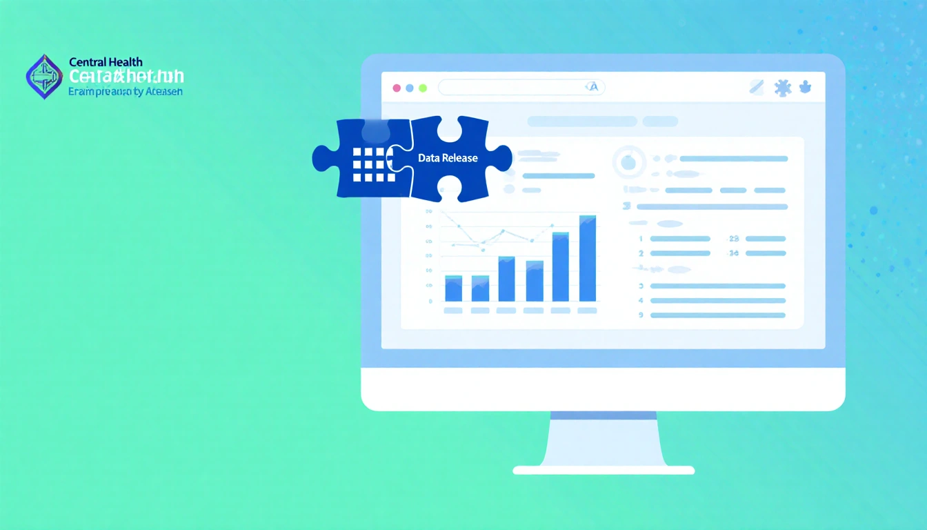 Computer screen showing data chart with Central Health logo and puzzle pieces merging in blue and green.