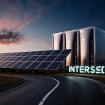 Solar panels illuminate a futuristic data center with a glass road and indigo sky reflecting sustainability.