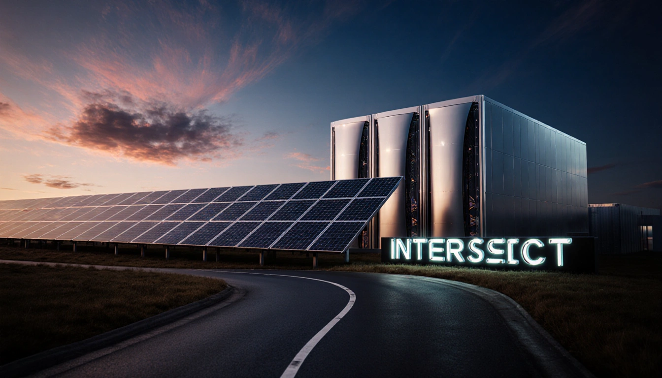 Solar panels illuminate a futuristic data center with a glass road and indigo sky reflecting sustainability.