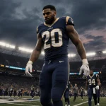 Davante Adams walking onto the field with Rams logo and SoFi Stadium lights shining through clouds