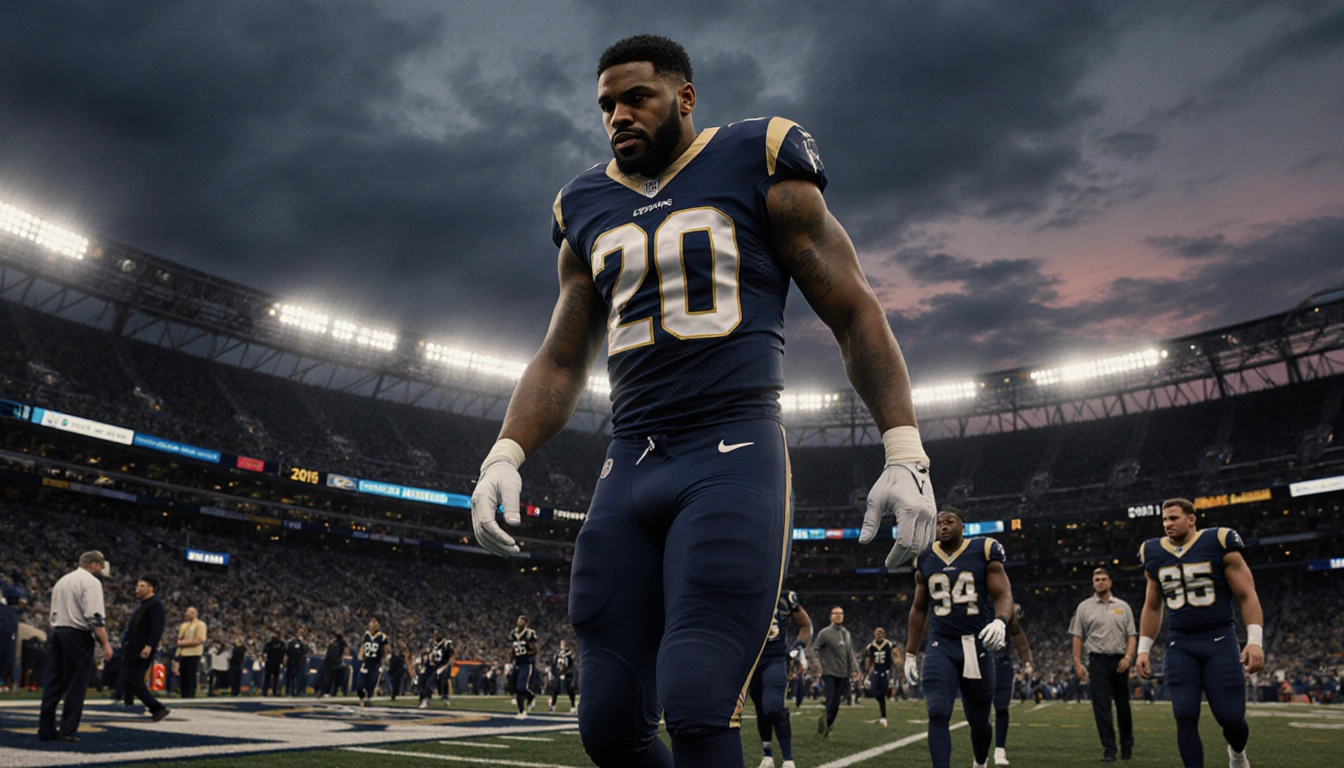Davante Adams walking onto the field with Rams logo and SoFi Stadium lights shining through clouds