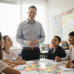 David Flink standing with diverse students with autism and ADHD engaged in a collaborative learning session in a classroom