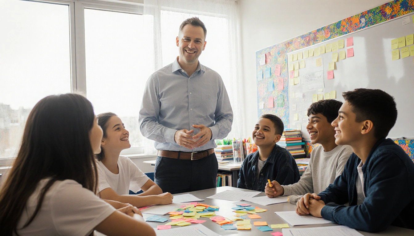 David Flink standing with diverse students with autism and ADHD engaged in a collaborative learning session in a classroom