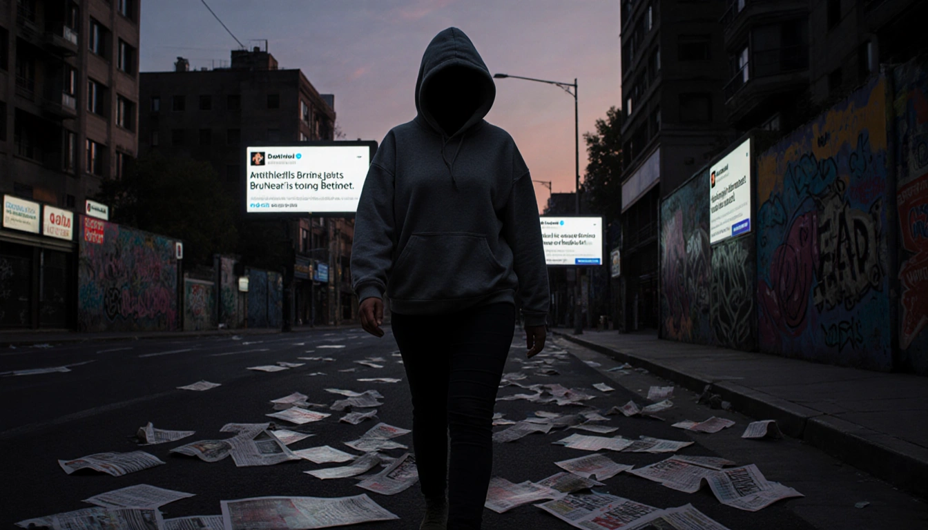 Dark city street shows Dawn Butler walking toward viewer with hoodie and anti-immigrant clippings and hate crime posters