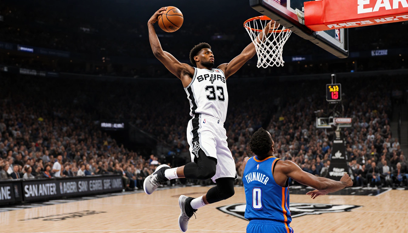 De'Aaron Fox dunking over defender with Spurs jersey 33 and Spurs logo on hoop and Thunder logo on defender's shoes