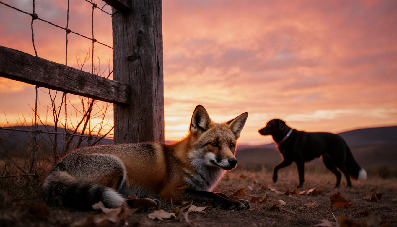 Dead fox lies motionless against a fence with a Texas sunset behind and a black mix dog approaching in the distance
