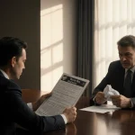 Executive holding Warner Bros. Discovery shares with a crumpled Paramount offer letter in the other hand