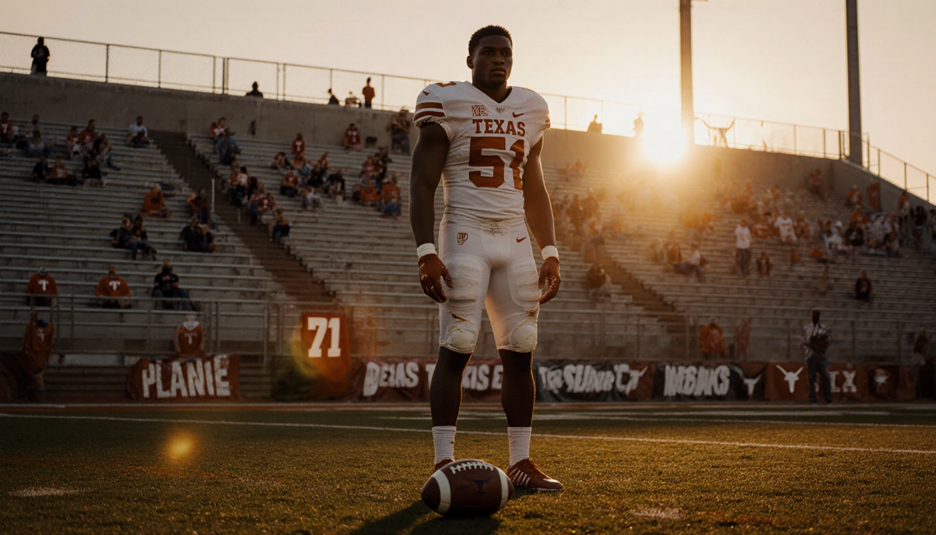 DeAndre Moore Jr., Texas Longhorns, stands alone on the football field at night with a worn ball near his feet and bleachers