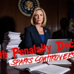 Pam Bondi standing in courtroom with headline tablet and flags on walls.