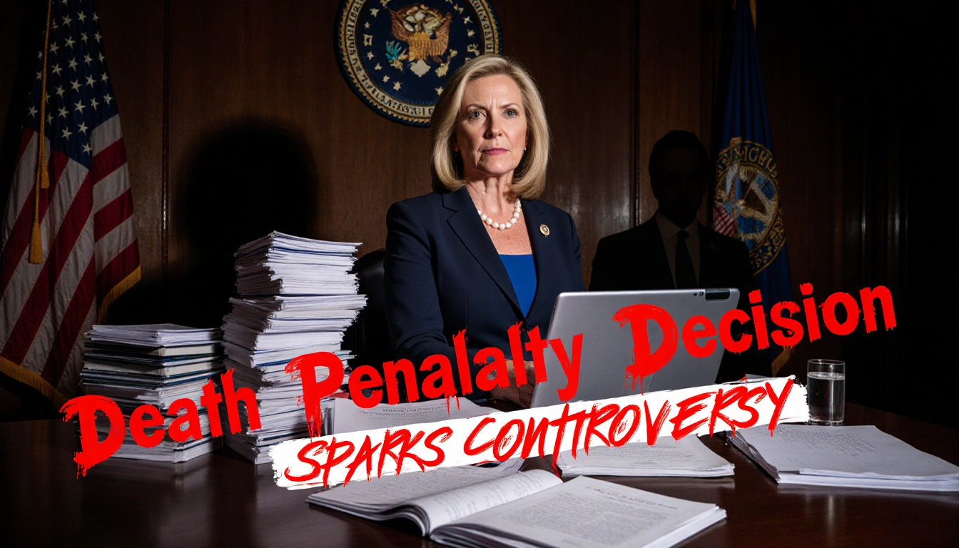 Pam Bondi standing in courtroom with headline tablet and flags on walls.