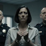 Debra Newton stands handcuffed with two deputies beside her and a dim courtroom in background showing a tense investigation.
