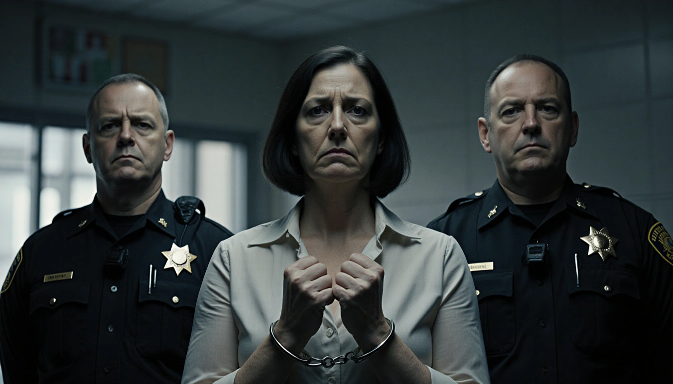 Debra Newton stands handcuffed with two deputies beside her and a dim courtroom in background showing a tense investigation.