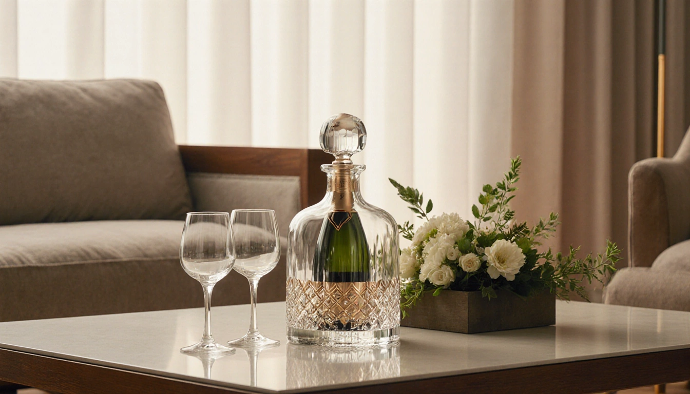 Glass decanter standing with wine glasses and champagne bottle on minimalist coffee table in warm living room
