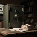 Safe opens slightly revealing stack of documents spilling onto wooden table with office decor and headline reading EPSTEIN IN