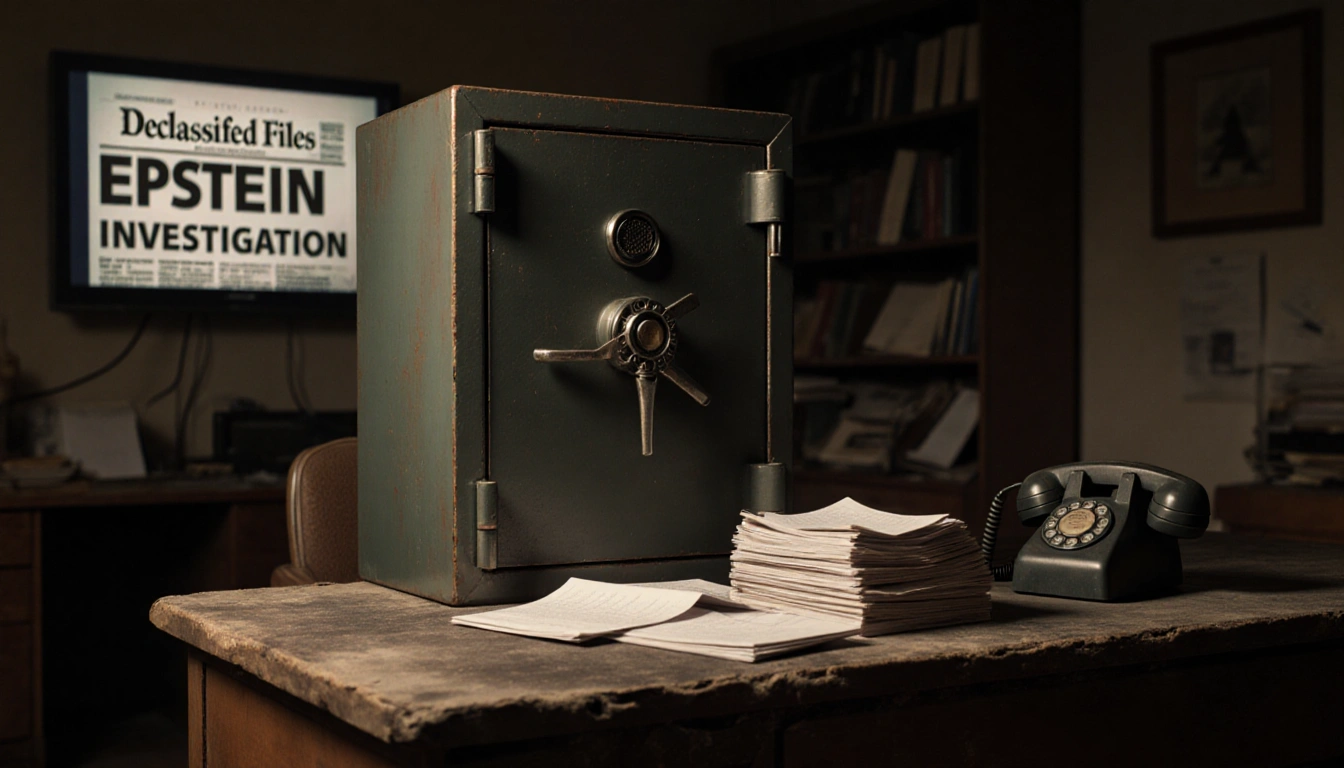 Safe opens slightly revealing stack of documents spilling onto wooden table with office decor and headline reading EPSTEIN IN