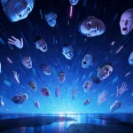 Digital vortex swirling deepfake images with neon lights flickering on wet pavement