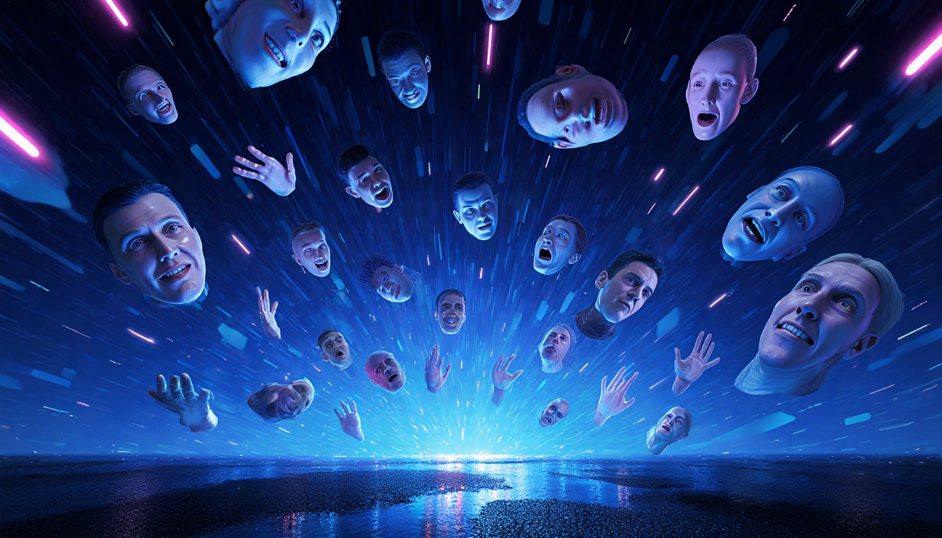 Digital vortex swirling deepfake images with neon lights flickering on wet pavement