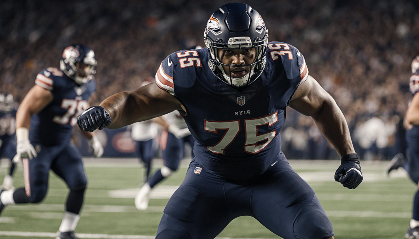 Defensive lineman sacks with clenched fist and intense expression on a dark football field with teammates blurred behind.