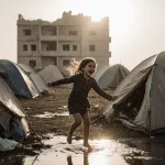 Young girl laughing in the rain with a cluster of makeshift tents and a destroyed building in the background.