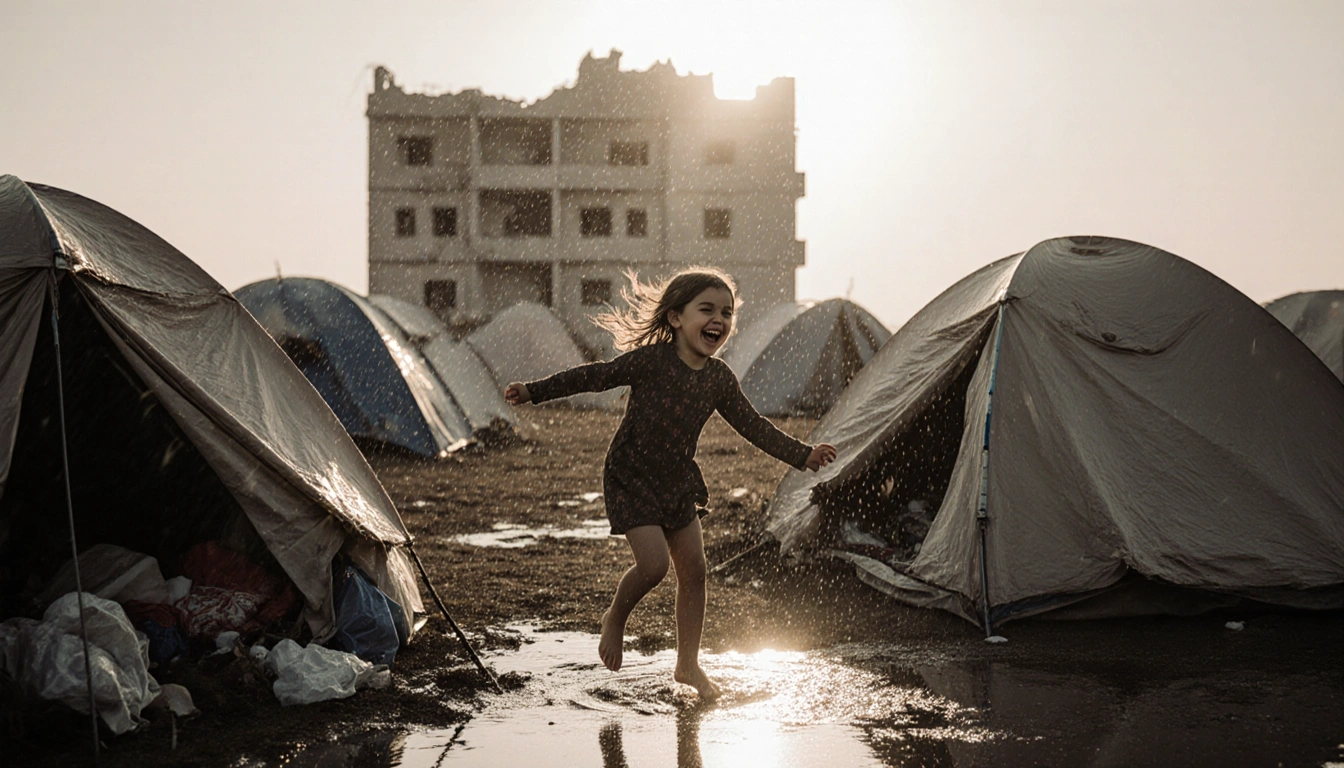 Young girl laughing in the rain with a cluster of makeshift tents and a destroyed building in the background.