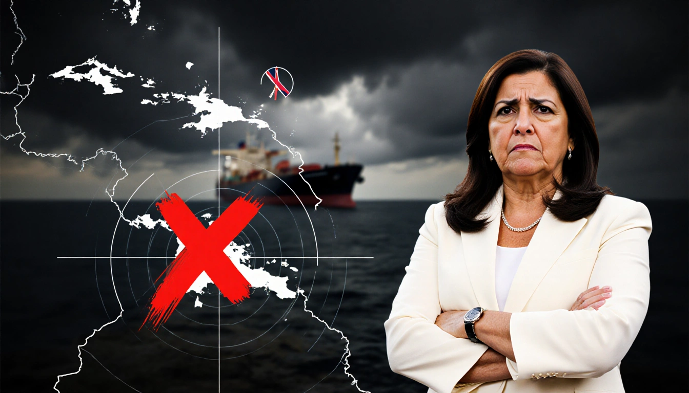 Delcy Rodríguez standing before map with red X and radar symbol, showing outrage over oil tanker in dark clouded background.