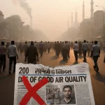 People walking in crowded Delhi street with red X on newspaper headline and hazy polluted air