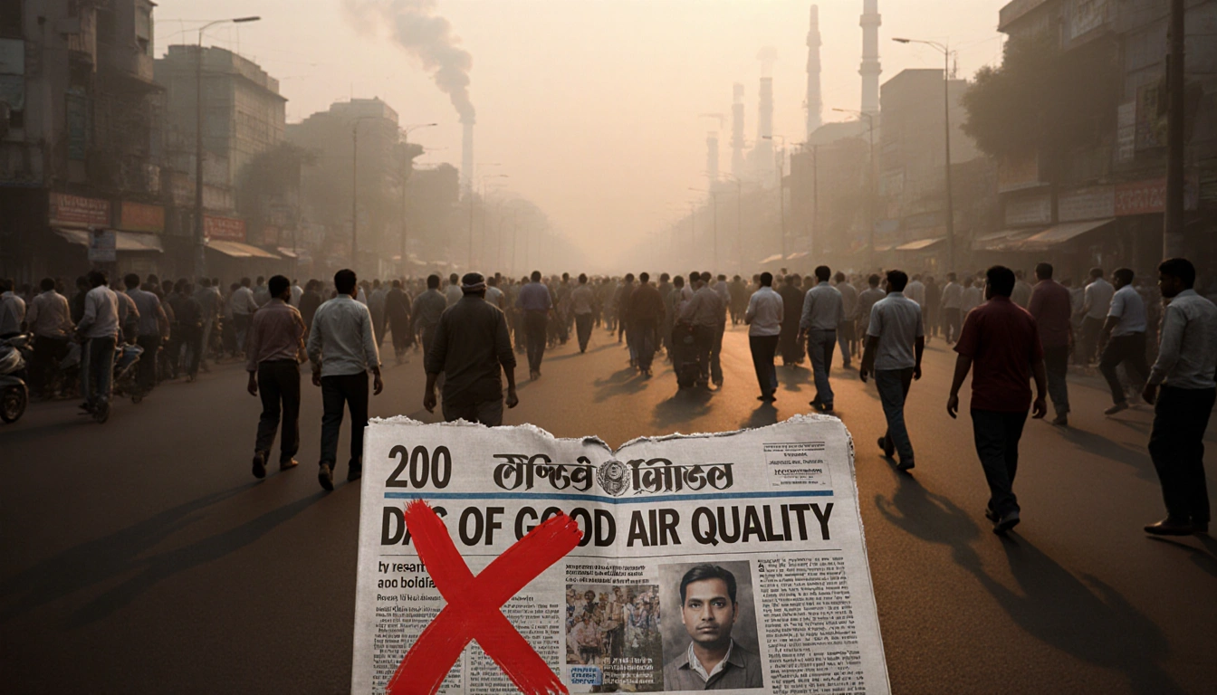 People walking in crowded Delhi street with red X on newspaper headline and hazy polluted air
