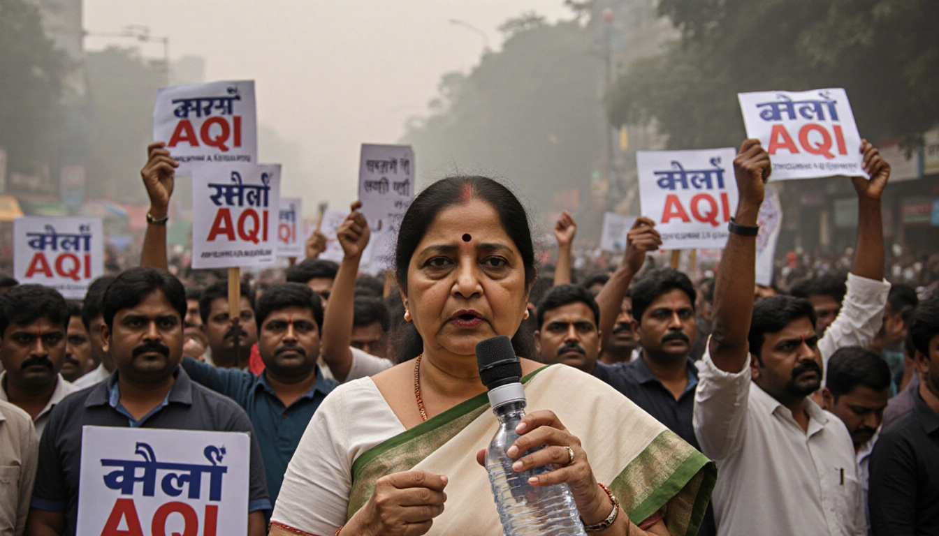 Delhi Chief Minister Rekha Gupta stands with microphone and spray bottle as a crowd holds AQI signs.