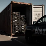 Cargo container opens revealing weapons with a Customs vehicle silhouette against the bridge casting long shadows.